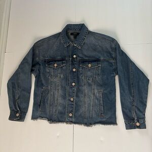Forever 21 Blue Distressed Denim Jacket Raw Hem Relaxed Fit – Women’s Small